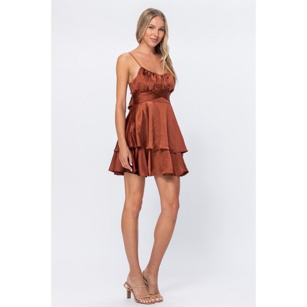 Brown Satin Ruffle Mini Dress - Picture 5 of 6